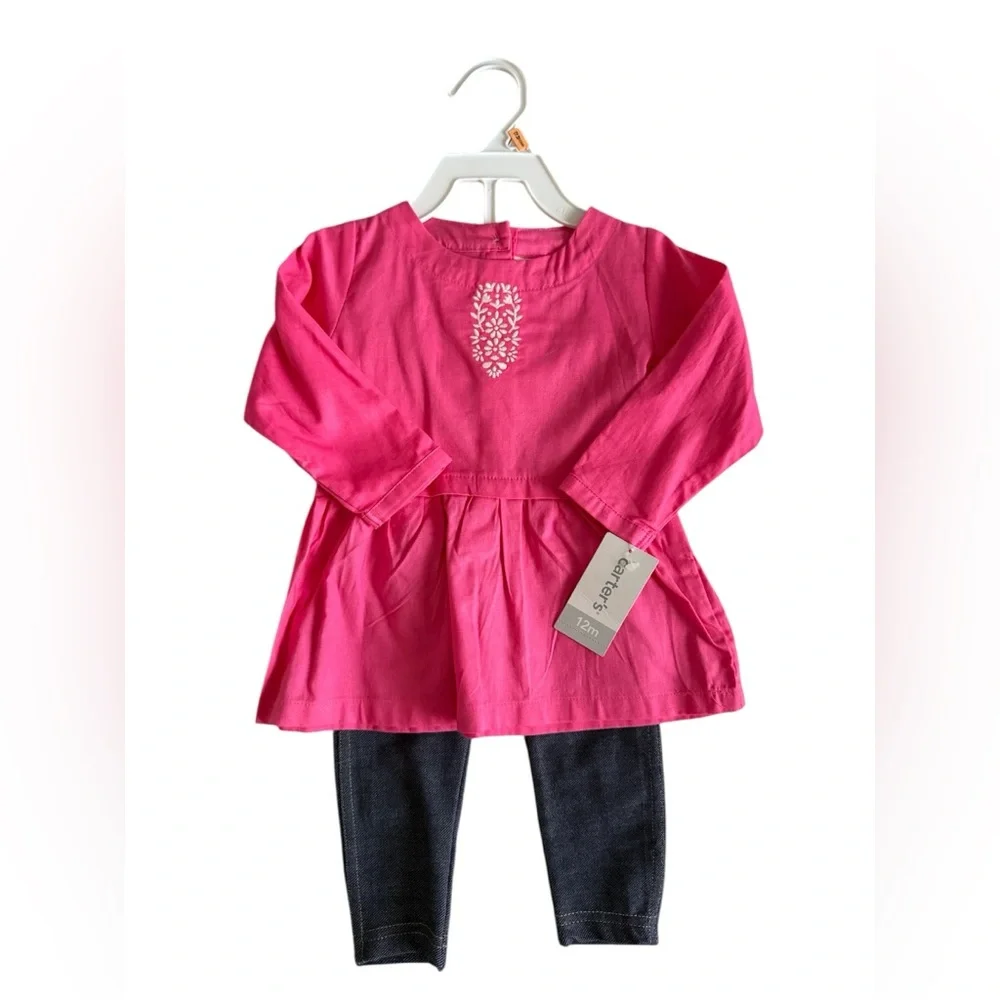 NWT! Carter's pink embroidered peplum top and leggings set 12M